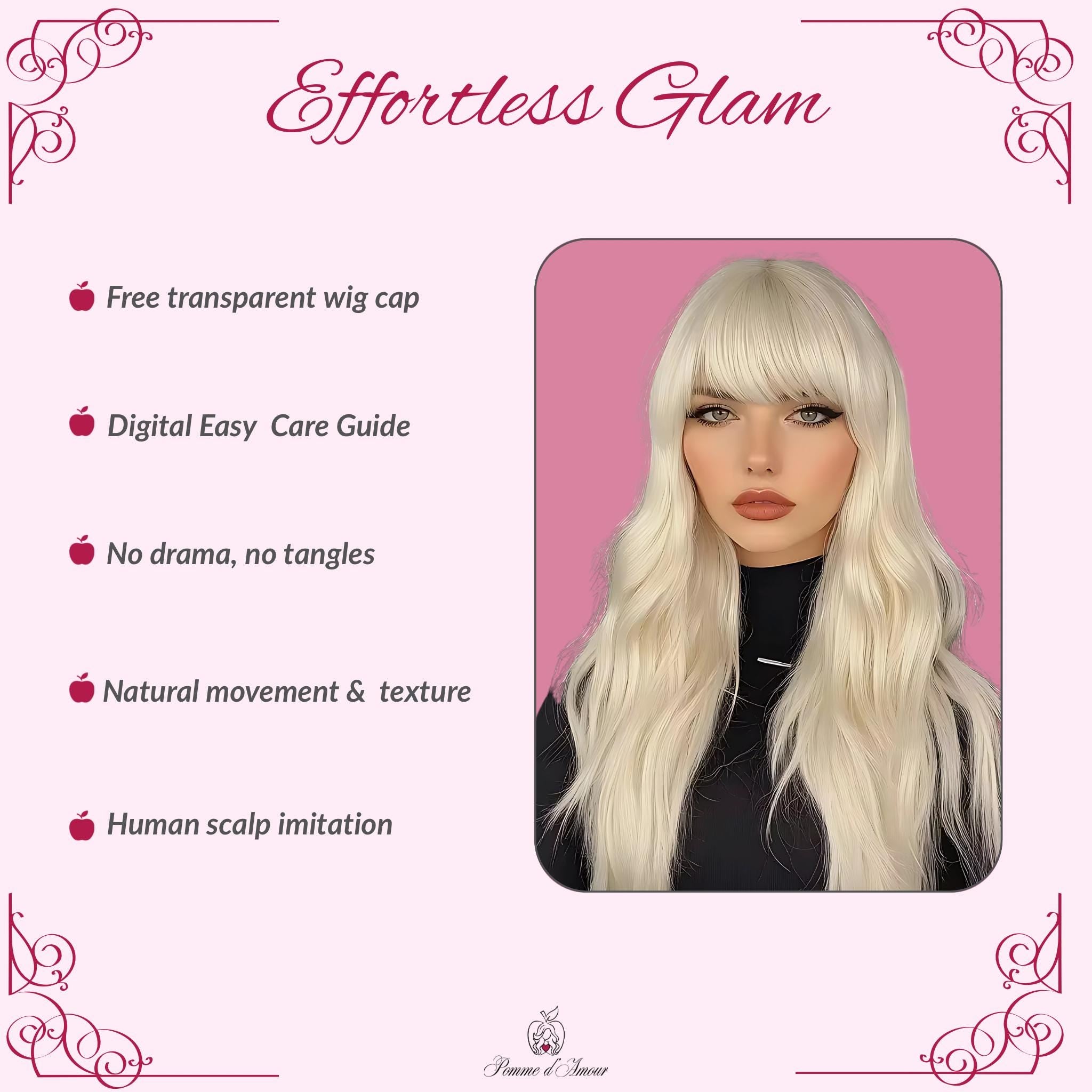 Perruque longue ondulée blonde platine avec frange - Cheveux d'aspect naturel résistants à la chaleur pour un look cosplay/dolly