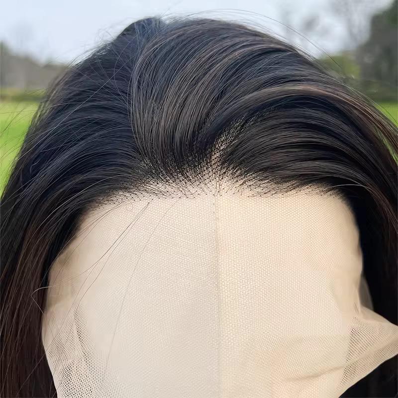 Perruque longue ondulée marron chocolat lacet : cheveux synthétiques résistants à la chaleur