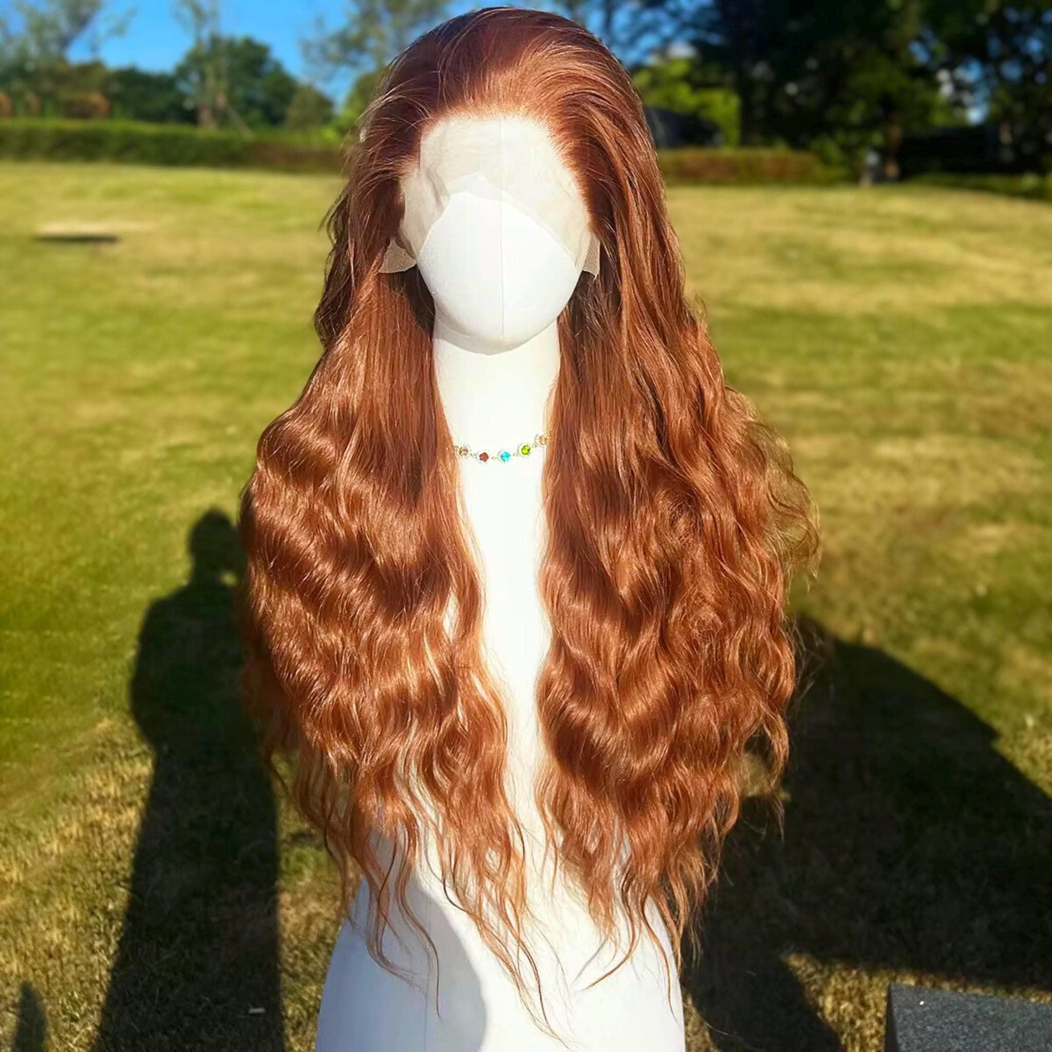 Perruque longue lacet roux : cosplay résistant à la chaleur orange cuivré