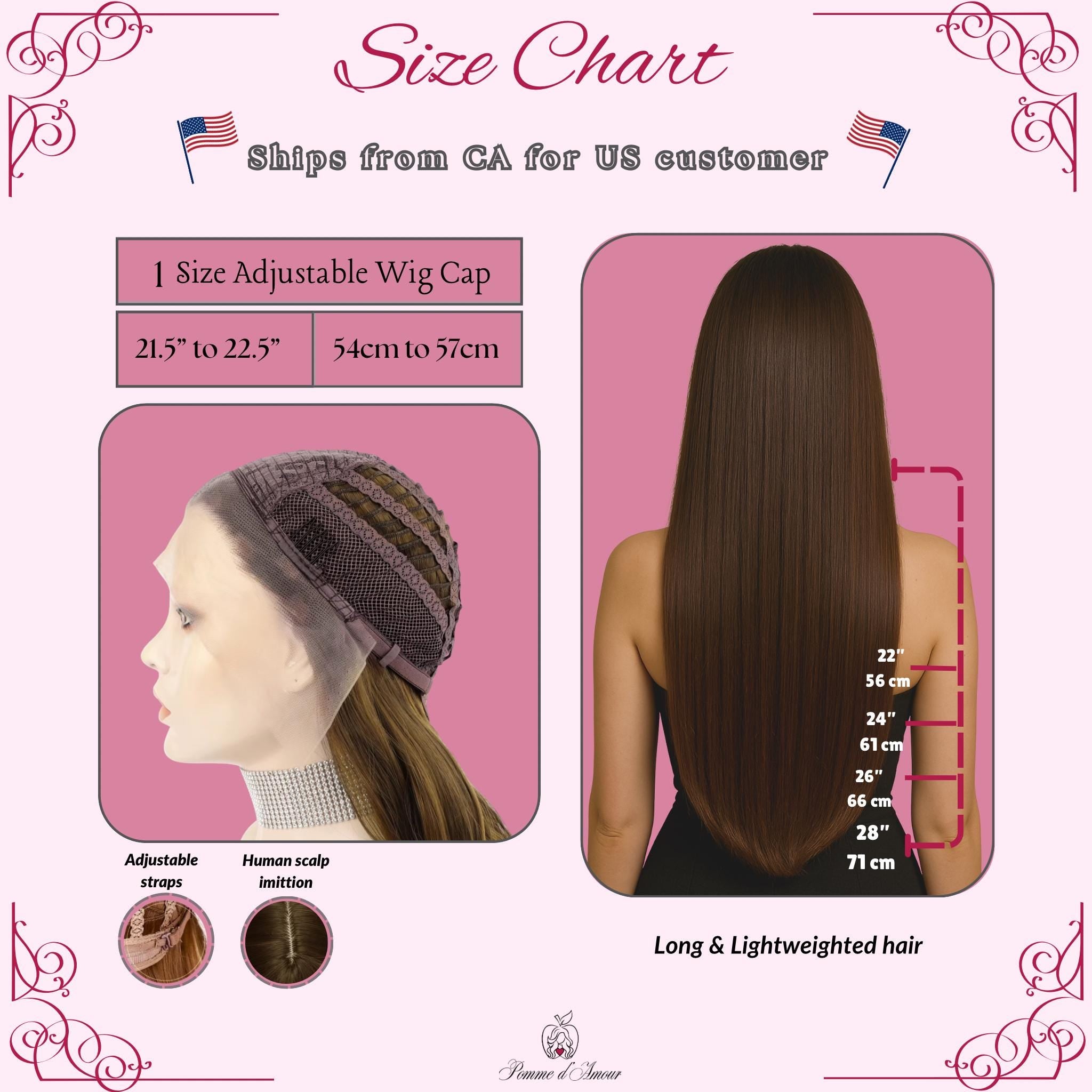 Perruque longue brune ondulée avec frange : cheveux synthétiques sans colle, résistant à la chaleur