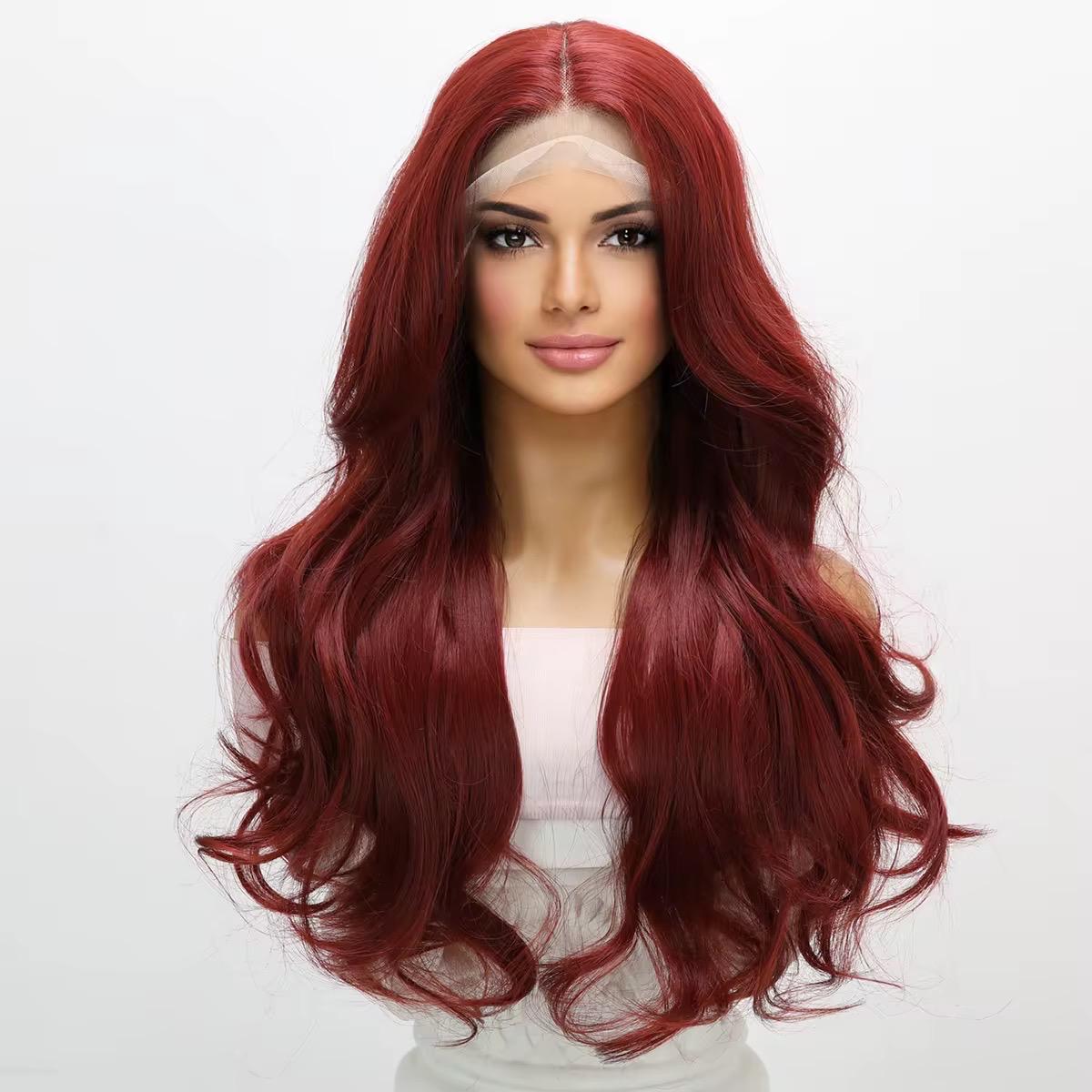 Perruque longue ondulée rouge foncé lacets : cheveux synthétiques résistants à la chaleur