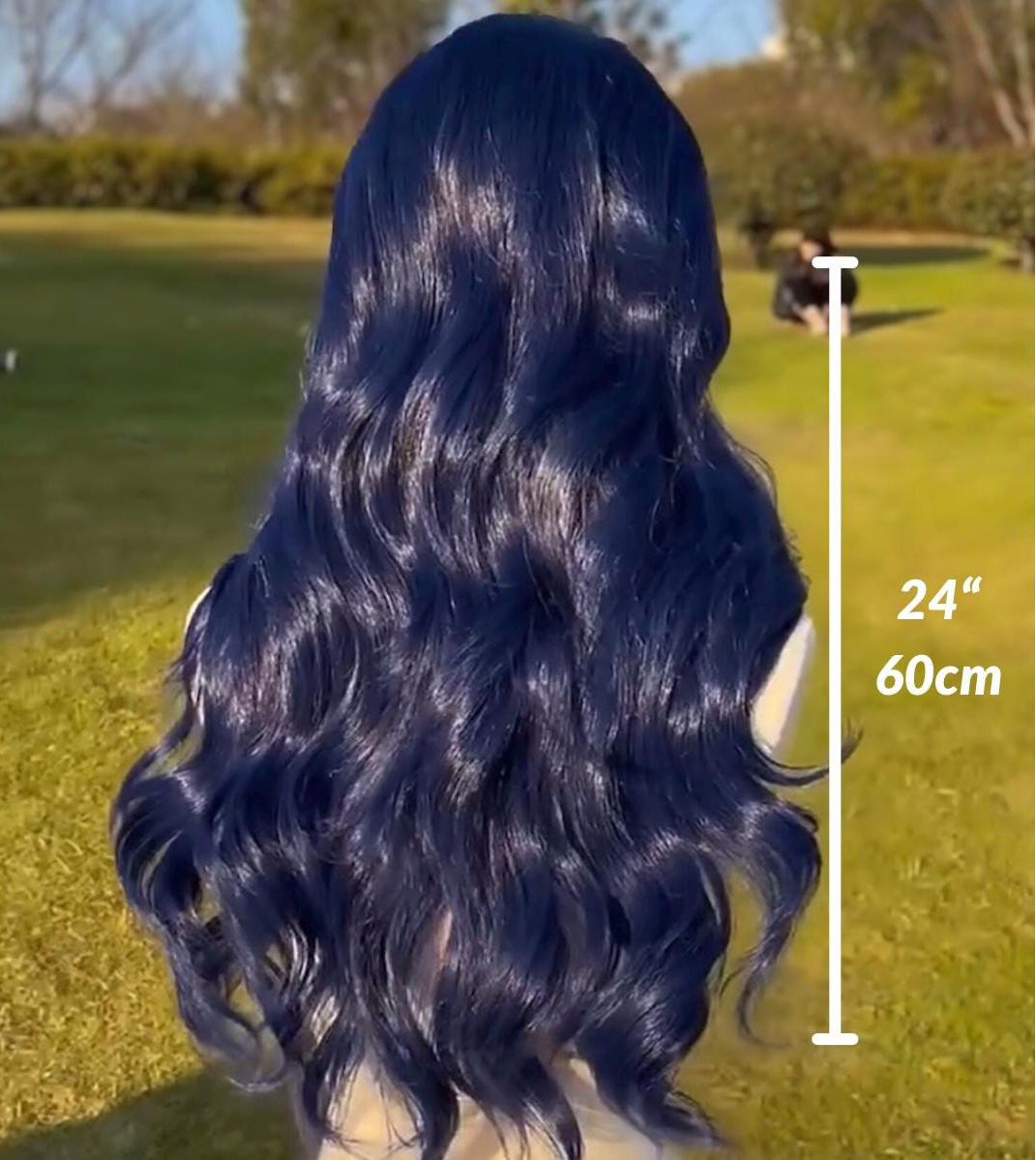 Perruque longue ondulée bleu foncé lacets : style gothique d'Halloween synthétique