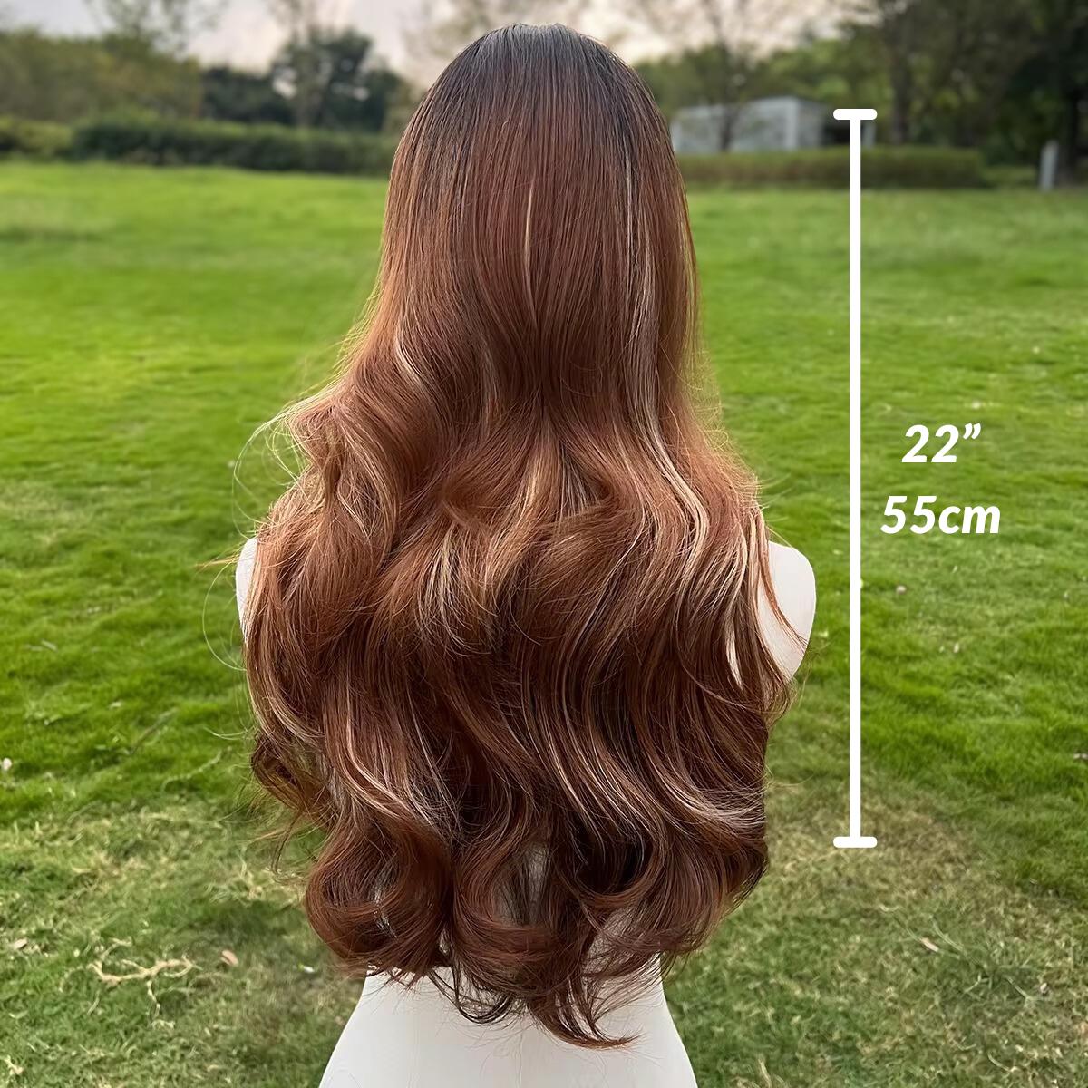 Perruque longue auburn ondulée avec frange : cheveux synthétiques sans colle, 26 pouces