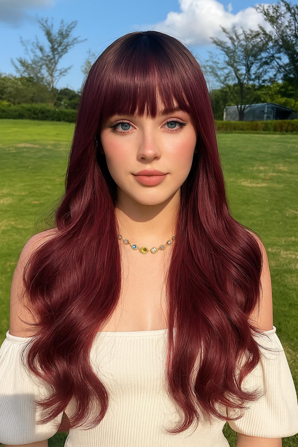 Perruque longue ondulée rouge foncé avec frange : Perruque cosplay synthétique résistante à la chaleur