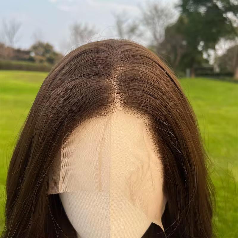 Perruque longue ondulée marron chocolat lacet : cheveux synthétiques résistants à la chaleur