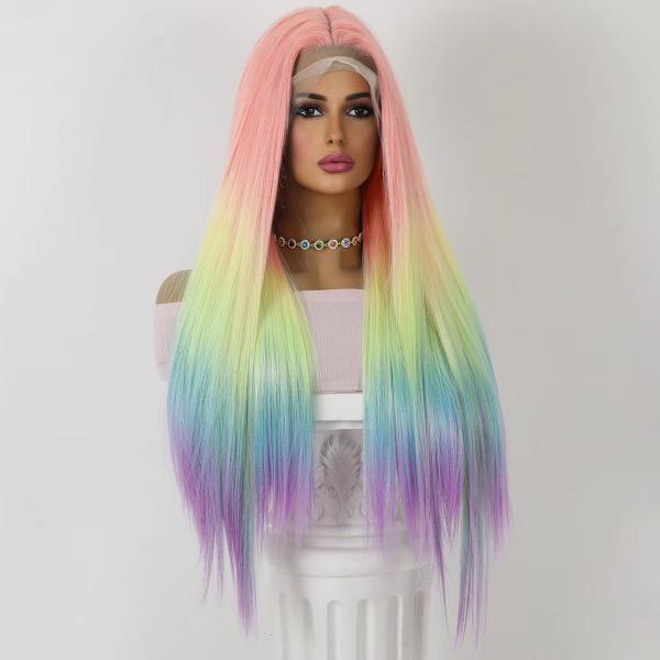 Perruque multicolore, cheveux longs arc-en-ciel lacets : style fantaisie pour Halloween