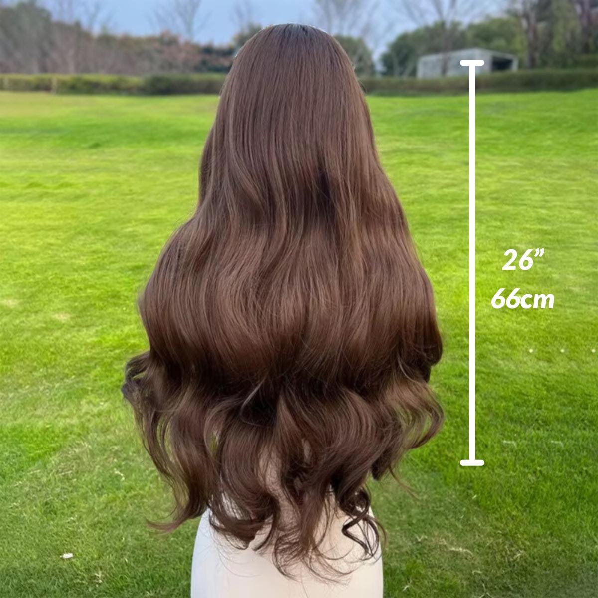 Perruque longue ondulée marron chocolat lacet : cheveux synthétiques résistants à la chaleur