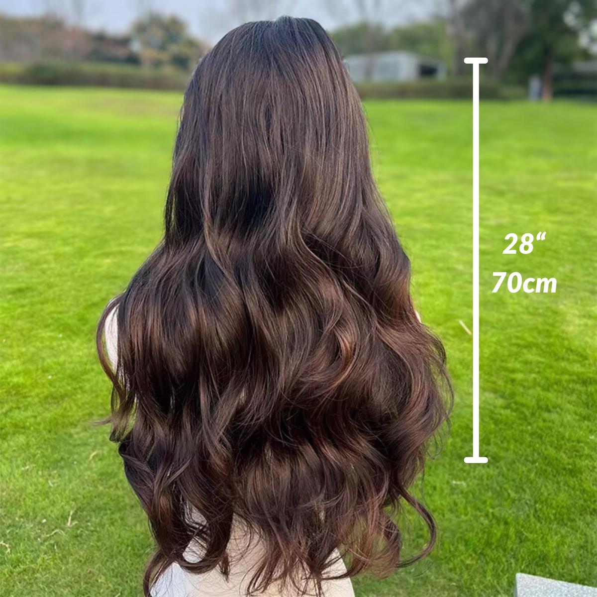 Perruque longue ondulée marron chocolat lacet : cheveux synthétiques résistants à la chaleur