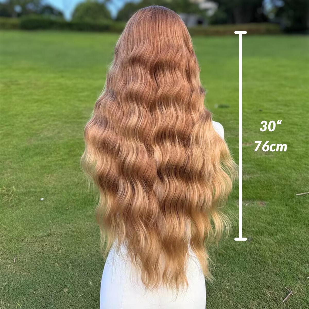Perruque longue brune ondulée avec frange : cheveux synthétiques sans colle, résistant à la chaleur