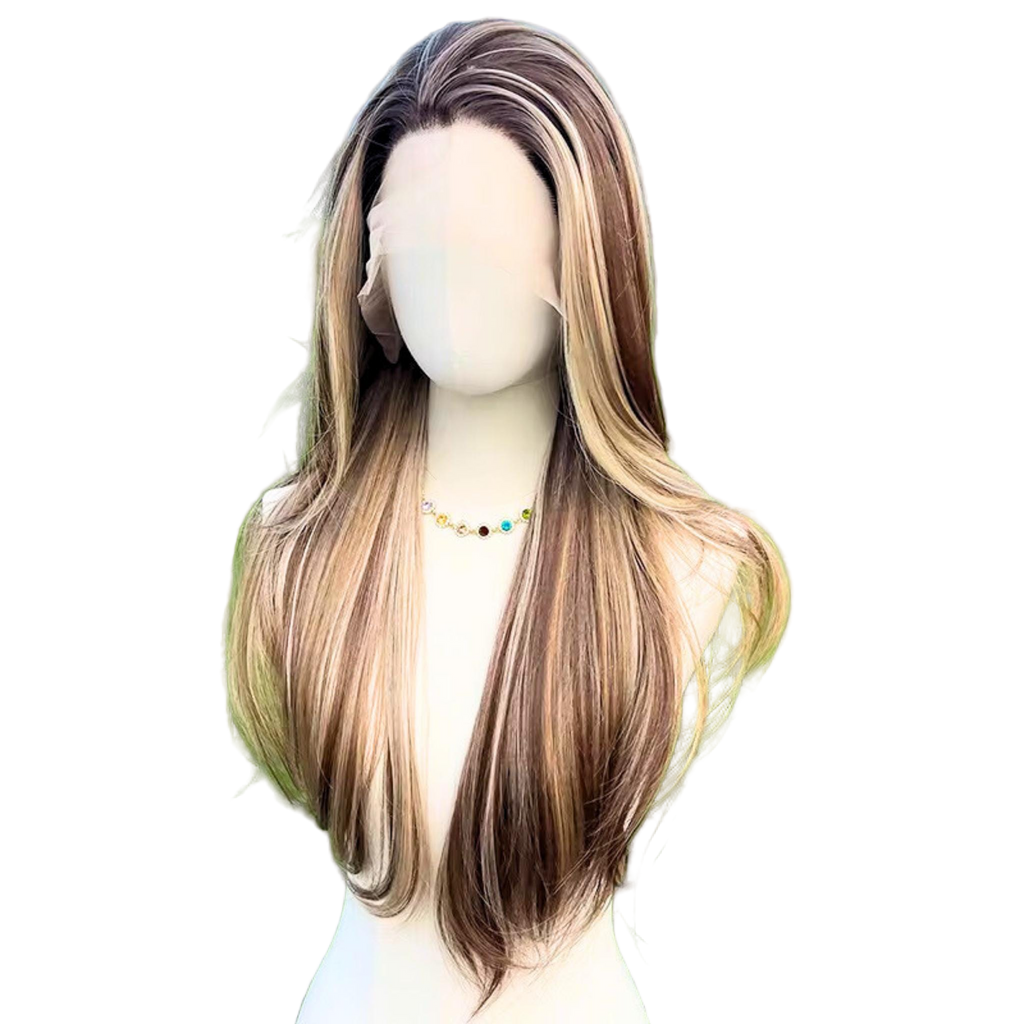 Perruque droite blonde lacet noire dégradée : cheveux synthétiques résistants à la chaleur