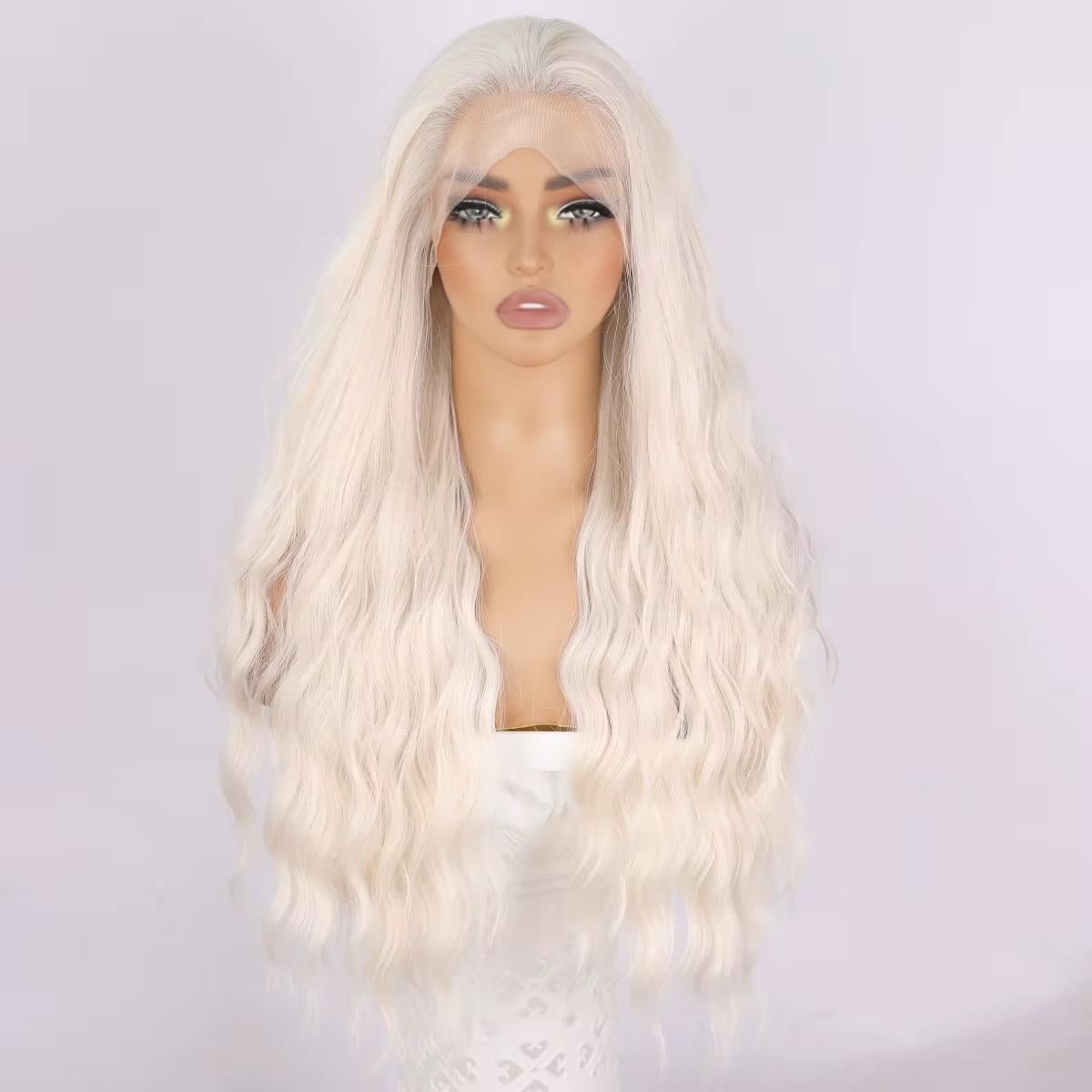 Perruque blonde platine : longue lace frontale synthétique résistante à la chaleur et ondulée