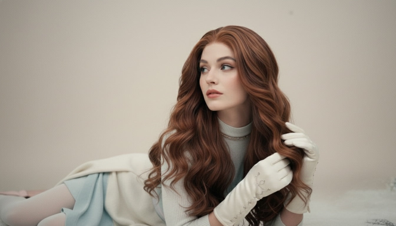 Perruque glamour cuivrée gingembre : cheveux longs ondulés synthétiques résistants à la chaleur