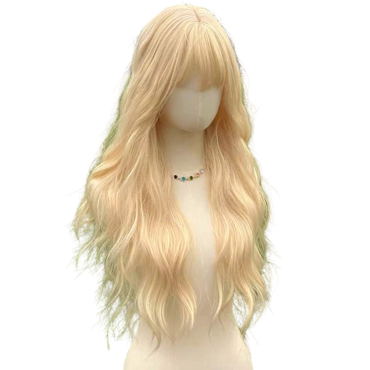 Perruque ondulée blonde platine avec frange : cheveux cosplay résistants à la chaleur