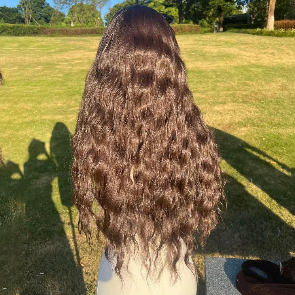 Perruque longue ondulée lacet marron châtain : cheveux synthétiques résistants à la chaleur