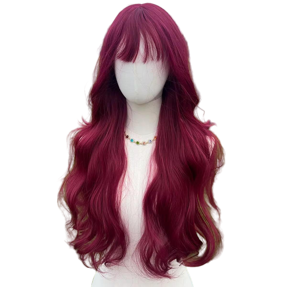Perruque longue ondulée rouge foncé avec frange : lacet synthétique résistant à la chaleur