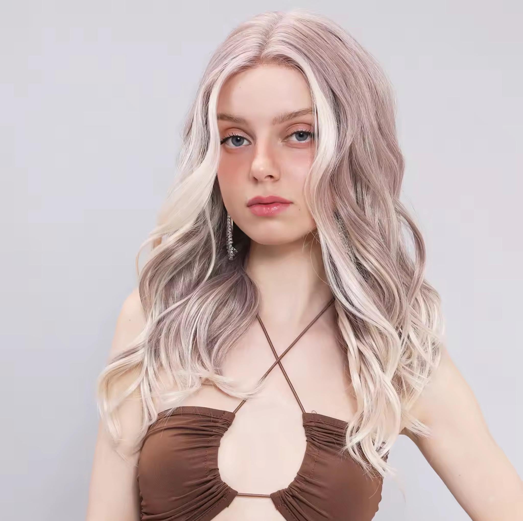 Perruque Lace Front Blonde Pourpre Pastel : Cheveux Synthétiques Ondulés Résistants À La Chaleur 26"