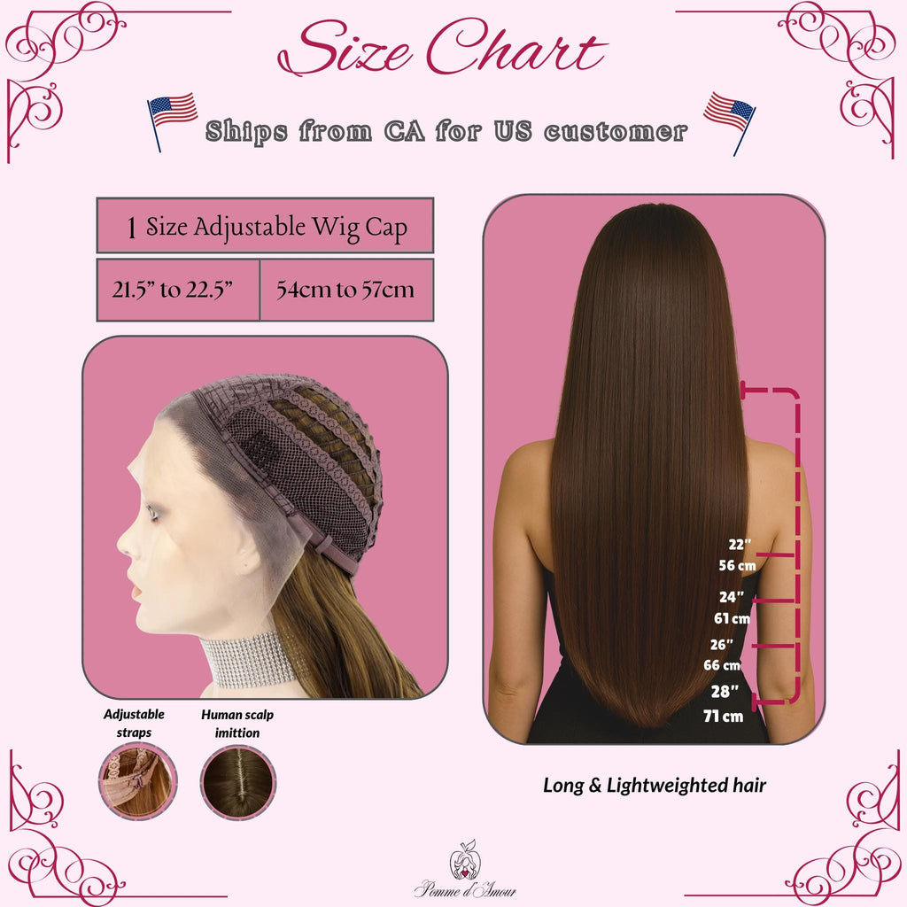 Perruque longue brune ondulée avec frange : cheveux synthétiques sans colle, résistant à la chaleur