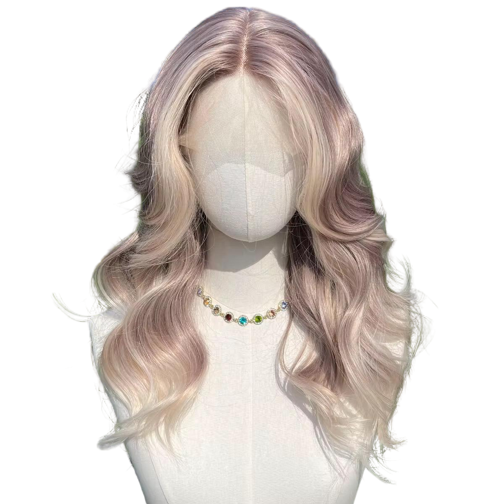 Perruque Lace Front Blonde Pourpre Pastel : Cheveux Synthétiques Ondulés Résistants À La Chaleur 26"