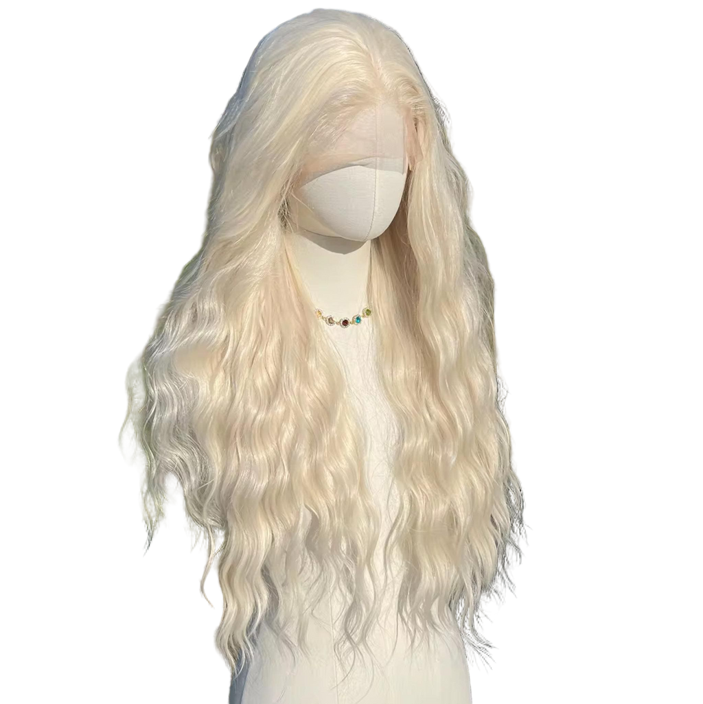 Perruque blonde platine : longue lace frontale synthétique résistante à la chaleur et ondulée
