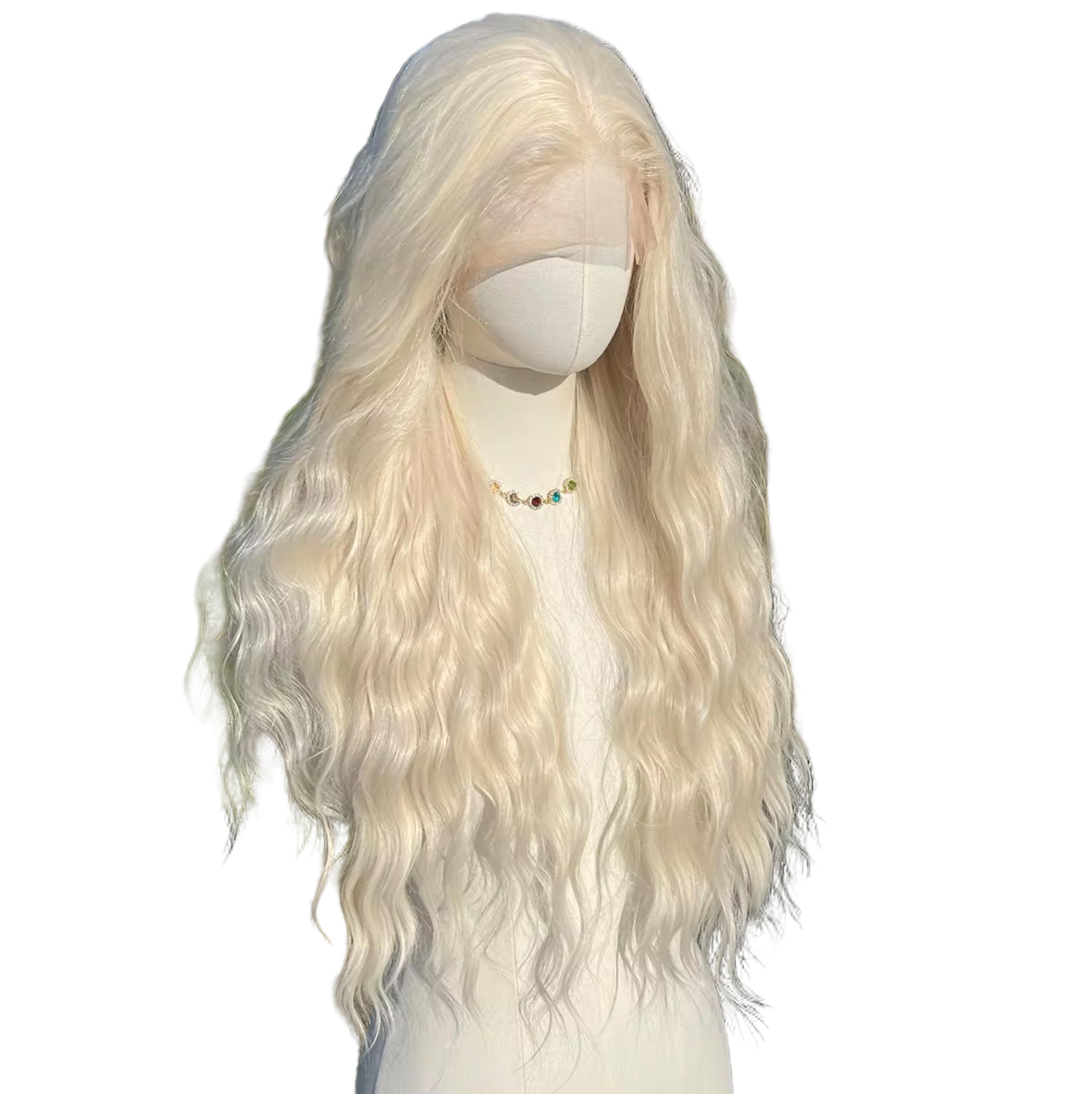 Perruque blonde platine : longue lace frontale synthétique résistante à la chaleur et ondulée