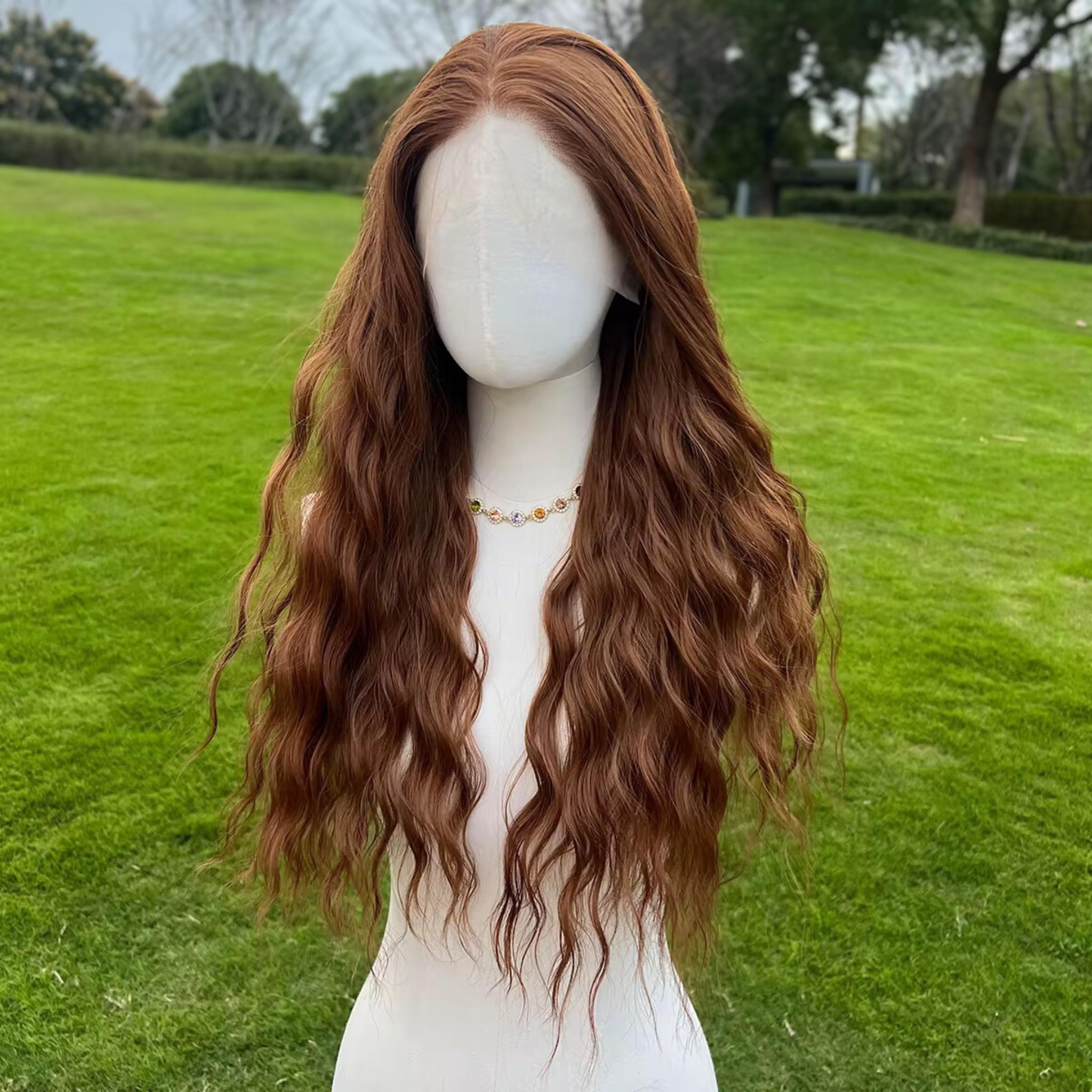 Perruque Lace Front Ginger Cuivre : Cheveux Longs Ondulés Synthétiques Résistants À La Chaleur