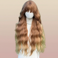 Perruque longue brune ondulée avec frange : cheveux synthétiques sans colle, résistant à la chaleur