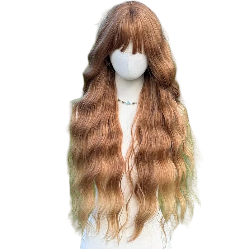 Perruque longue brune ondulée avec frange : cheveux synthétiques sans colle, résistant à la chaleur