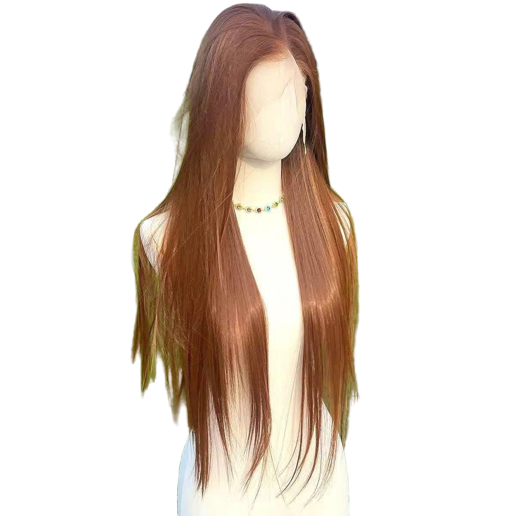 Perruque lacet châtain châtain : cheveux lissés synthétiques résistants à la chaleur de 26 po.
