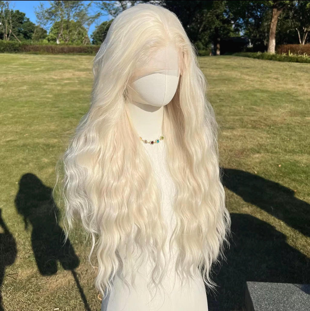 Perruque longue blonde ondulée : lacet synthétique résistant à la chaleur