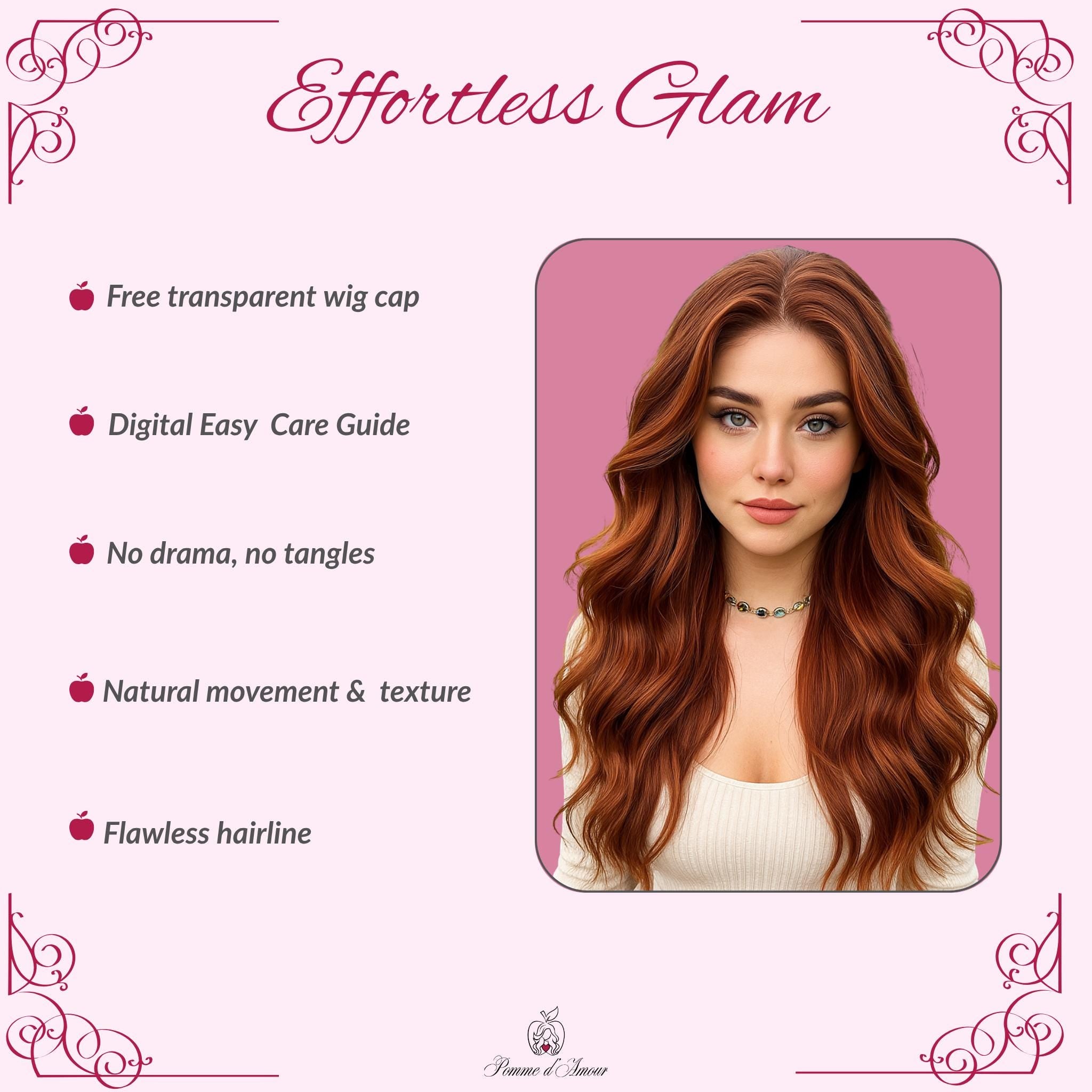 Perruque glamour cuivrée gingembre : cheveux longs ondulés synthétiques résistants à la chaleur