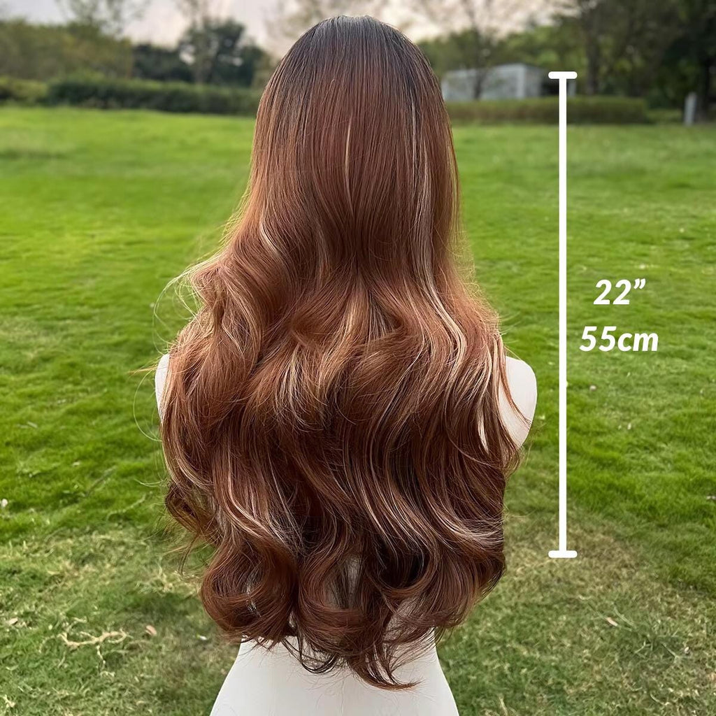 Perruque longue auburn ondulée avec frange rideau : cheveux synthétiques résistants à la chaleur