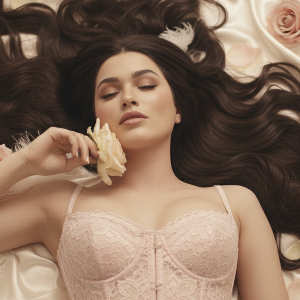 Woman with a brown wig  in a lace corset holding a flower, surrounded by roses on a soft background