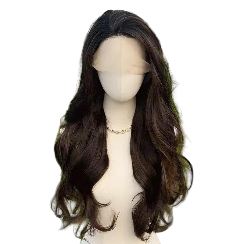Perruque longue ondulée marron chocolat lacet : cheveux synthétiques résistants à la chaleur