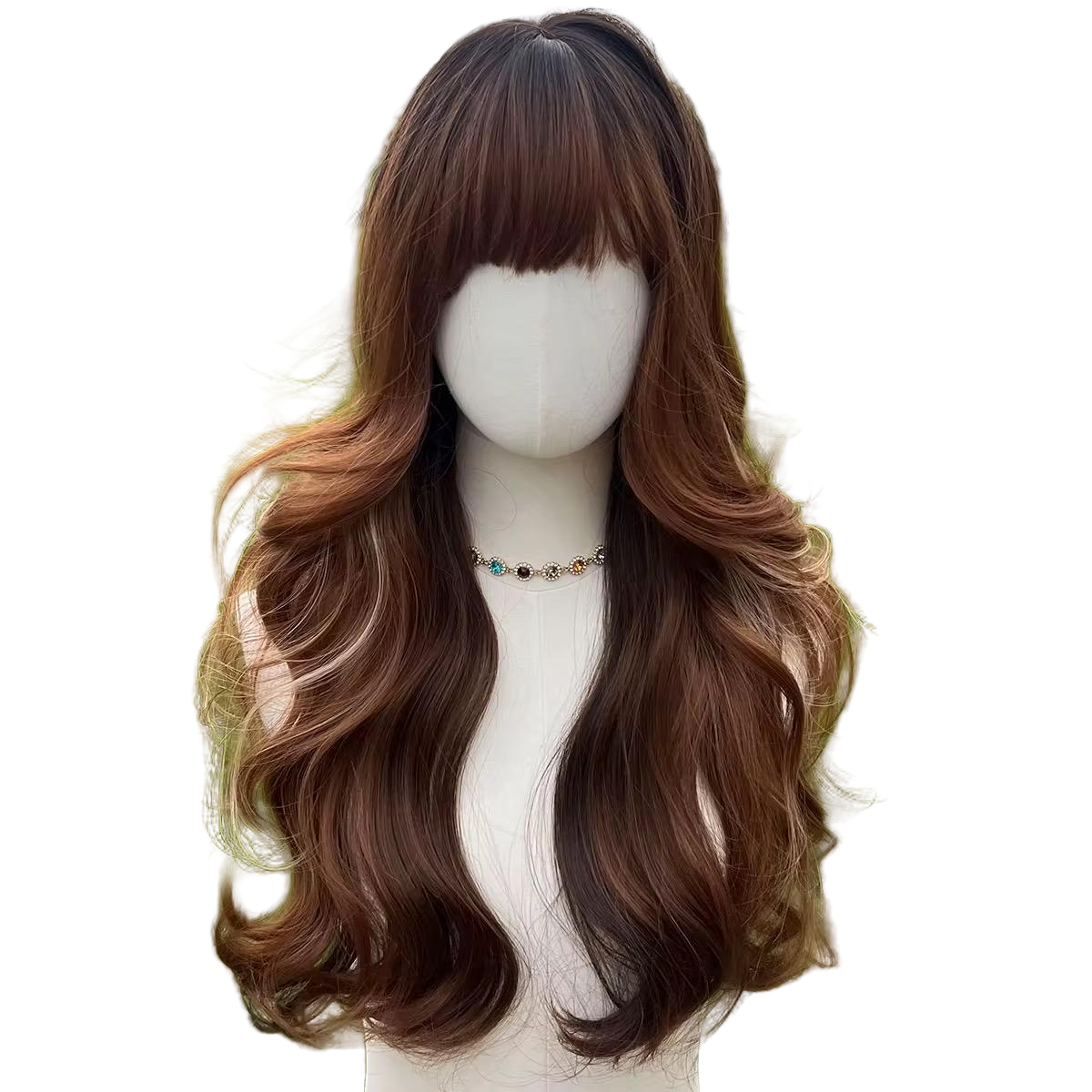 Perruque longue auburn ondulée avec frange : cheveux synthétiques sans colle, 26 pouces