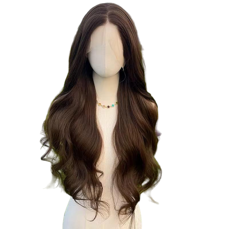 Perruque longue ondulée marron chocolat lacet : cheveux synthétiques résistants à la chaleur